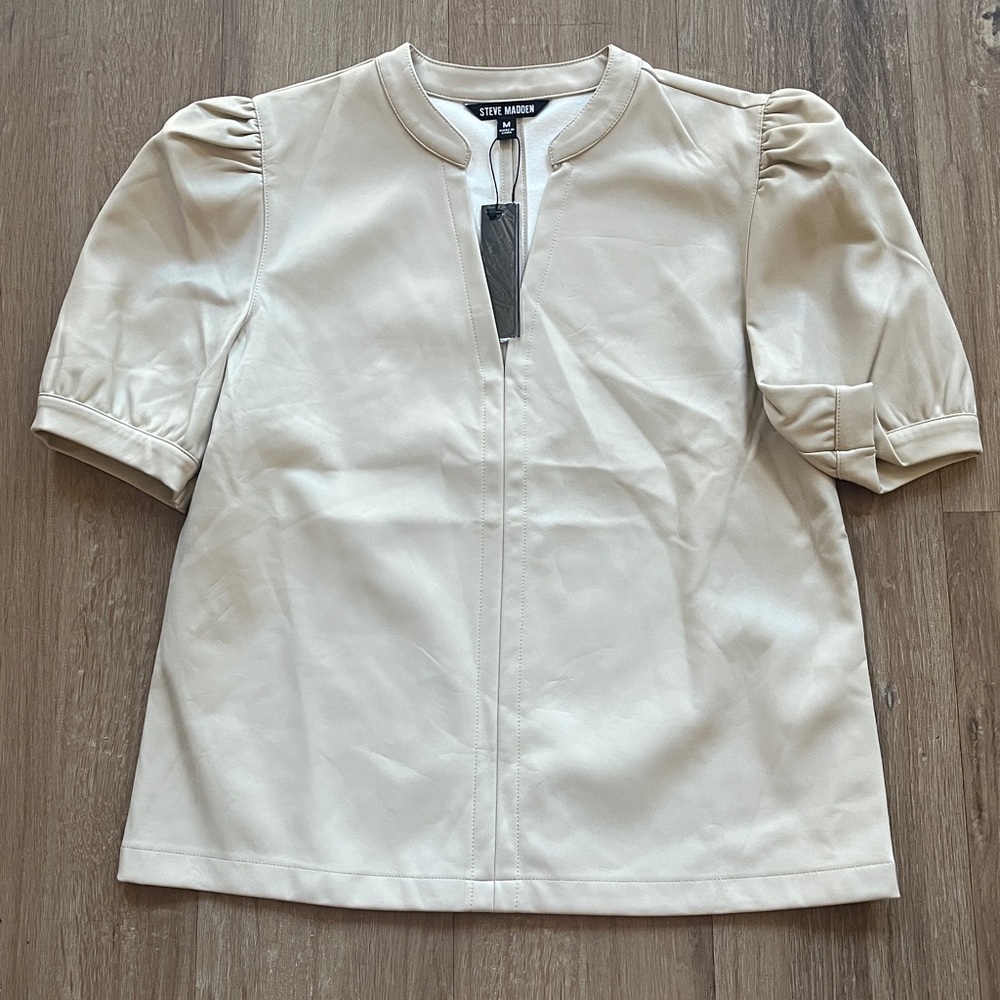 NWT Steve Madden Beige Puff Sleeve Faux Leather Blouse